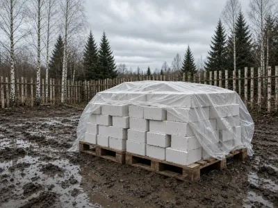 Поддоны газосиликата под плёнкой во дворе в Барановичах