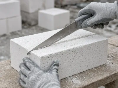 Рез газосиликатного блока пилой на стройке в Барановичах