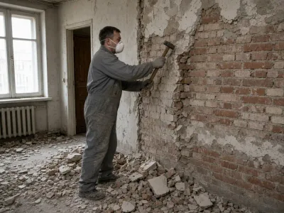 Демонтаж в Барановичах: штукатурка снята с кирпичной стены