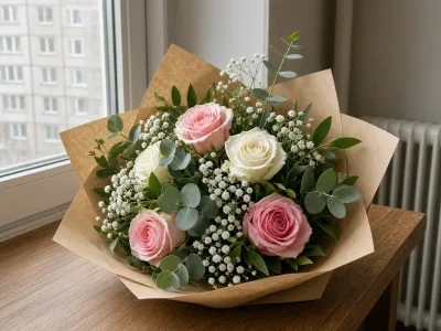 Букет роз у окна в Барановичах, крафт без надписей