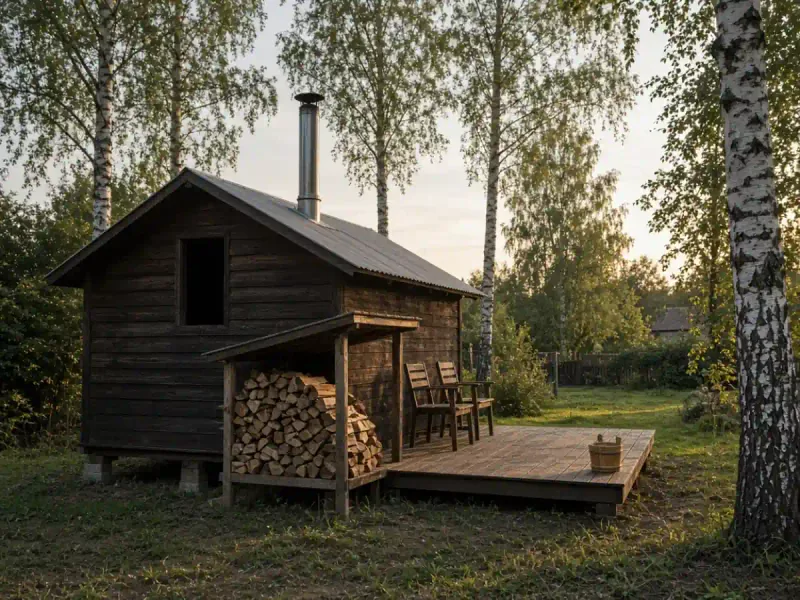 Баня агроусадьбы в Барановичах: терраса и дровница